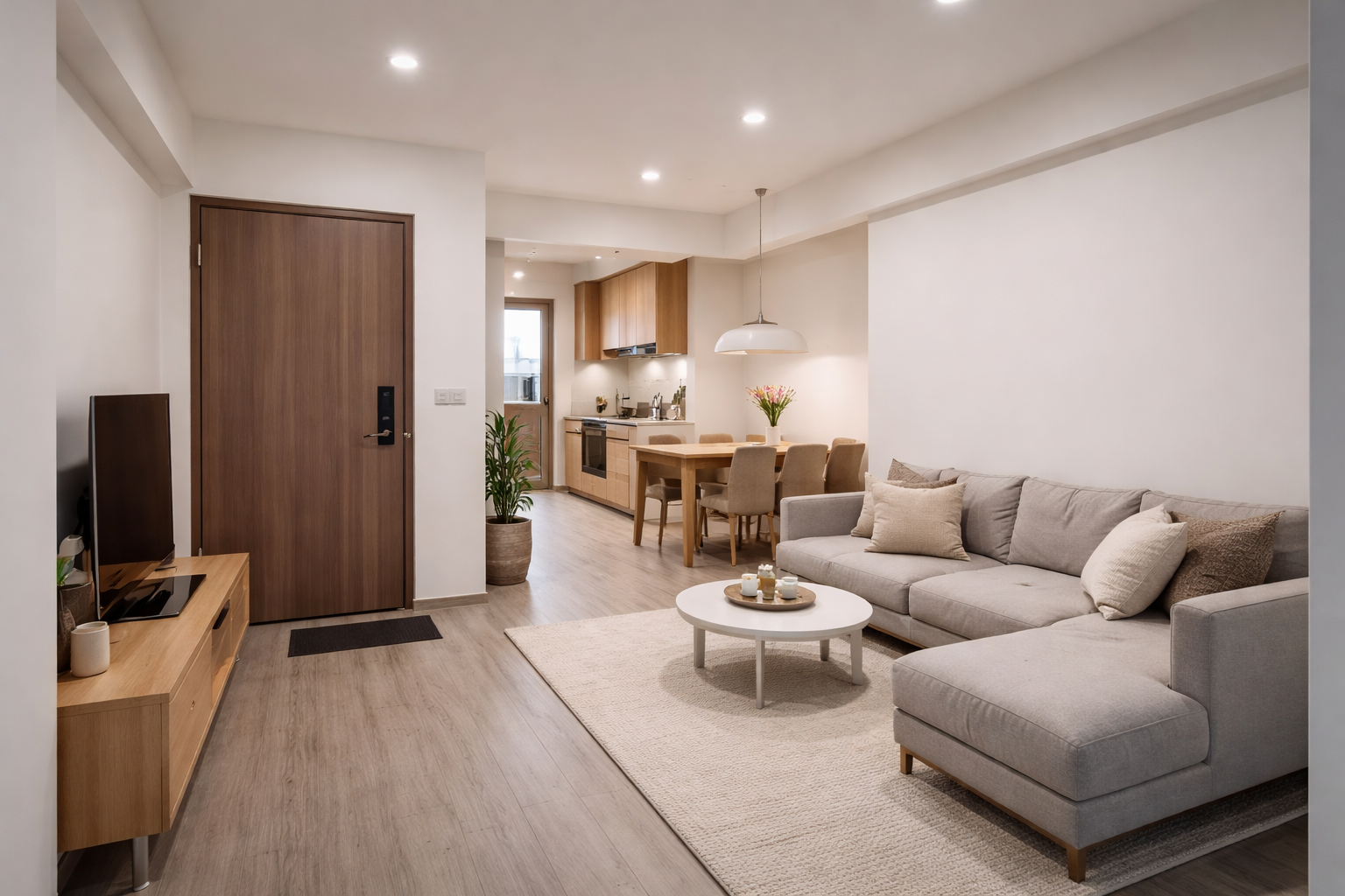 Modern home with no 玄关: front door opens directly into living space